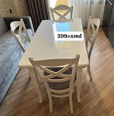 Ağ rəngdə 4 nəfərlik yemək dəsti - Dəst: 1 ədəd düzbucaqlı masa + 4