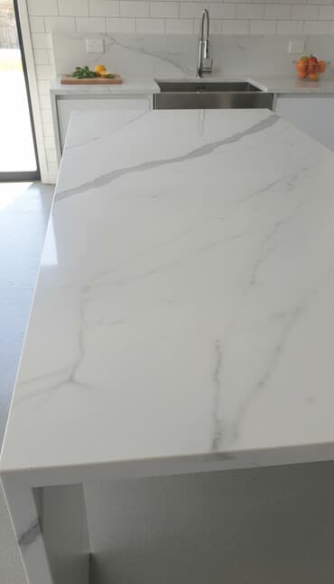 Ağ rəngdə, damarlı dizayna malik mərmər plitələr. Döşəmə və ya divar