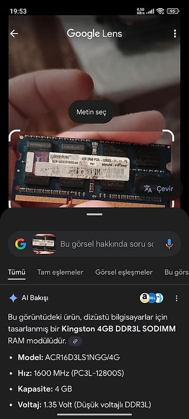 Operativ yaddaş (RAM) Kingston, 4 GB, 1600 Mhz, DDR3, Noutbuk üçün, İşlənmiş — 3