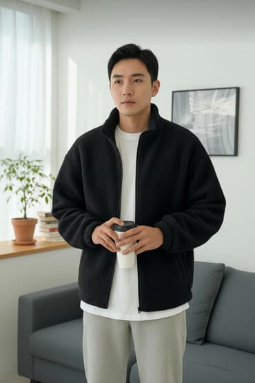 Unisex flis jaket – qara rəngdə - Material: yumşaq, yunlu teksturalı lalafo.az -da Unisex flis jaket – qara rəngdə - Material: yumşaq, yunlu teksturalı