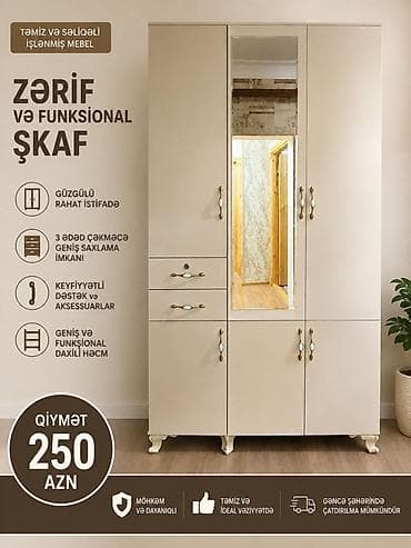 islenmis paltar skafi: Zərif və funksional şkaf - Təmiz və səliqəli işlənmiş mebel - Güzgülü — 1