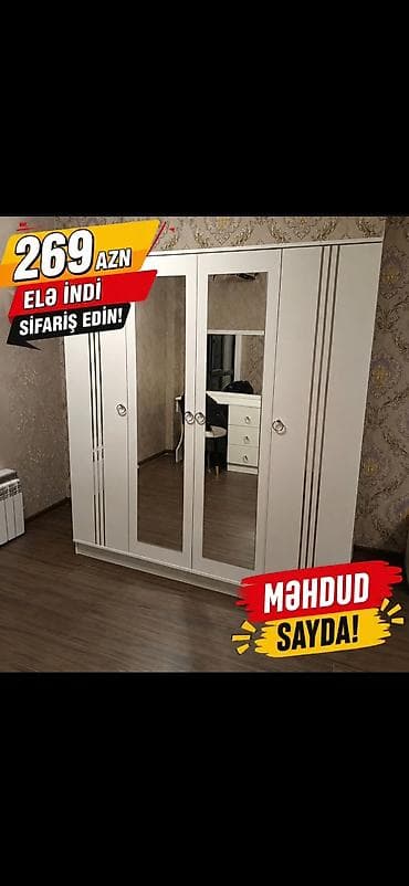 kuxna dolabi: Ağ rəngdə 4 qapılı paltar şkafı - İki orta qapıda tam ölçülü güzgülər — 1