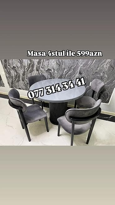 masa dəsti: Dairəvi yemək dəsti – 1 masa + 4 stul - Masa: dairəvi üst səth — 4