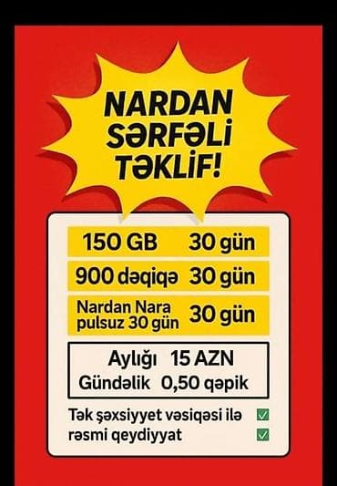 narda saatliq internet: Nar mobil şəbəkəsindən sərfəli paket! - 150 GB internet – 30 gün - — 1