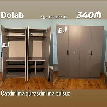 masa balaca: Dolab – 3 qapılı, tutacaqlı, boz rəng. Ölçü: 195×160×45 sm. Daxili — 1