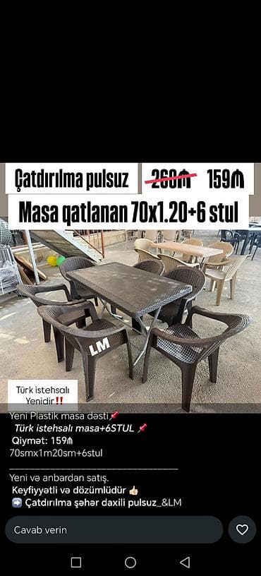 Yeni, Dördbucaq masa, 6 stul, Qatlanan, Stullar ilə, Plastik, Türkiyə
