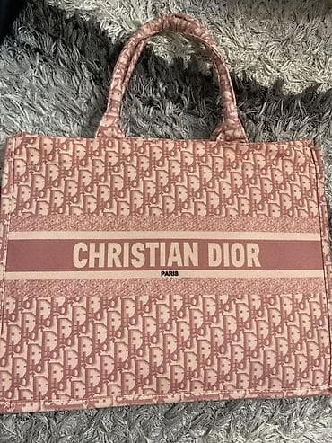 Christian Dior Book Tote tipli çanta – çəhrayı/bej monoqram naxışlı