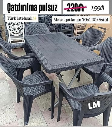 plastik tabletka: Balkon üçün, Yeni, Qatlanan, Dördbucaq masa, 6 stul — 1