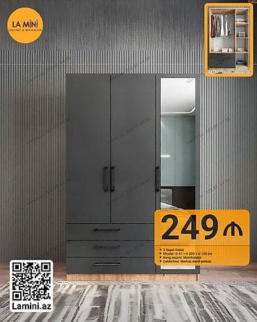 - Məhsul: 3 qapılı dolab - Ölçülər: Eni 47 sm x Hündürlük 200 sm x