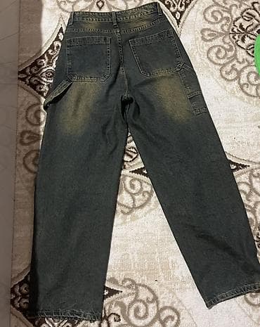 duyməli: Baggy cins şalvar - Model: Baggy (geniş kəsim) - Rəng: tünd yaşıl/qara — 2