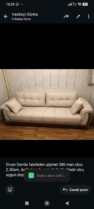 Divan Damla fabrikden.qiymet 380 man.olcu 2.30sm. Acilir bazali yeni