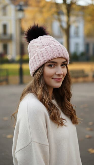 qadın geyimləri və qiymətləri: Toxunma papaq – açıq çəhrayı rəngdə, üstündə iri süni kürklü pompon — 1