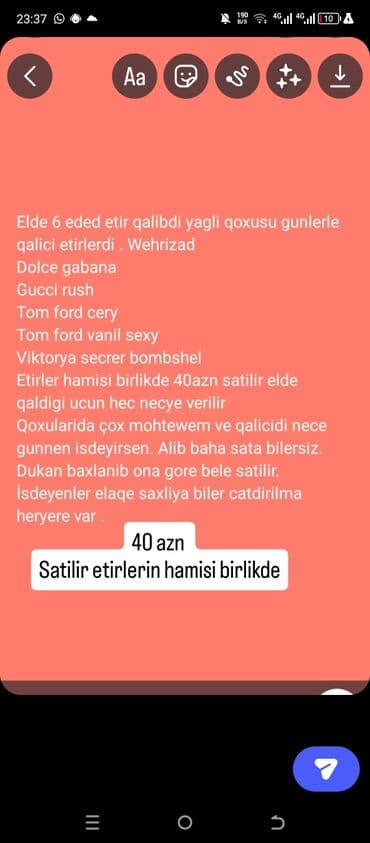 Bədənə qulluq: Yağlı tərkibli, qoxusu günlərlə qalıcı olan 6 ədəd ətir dəsti. Hamısı — 1