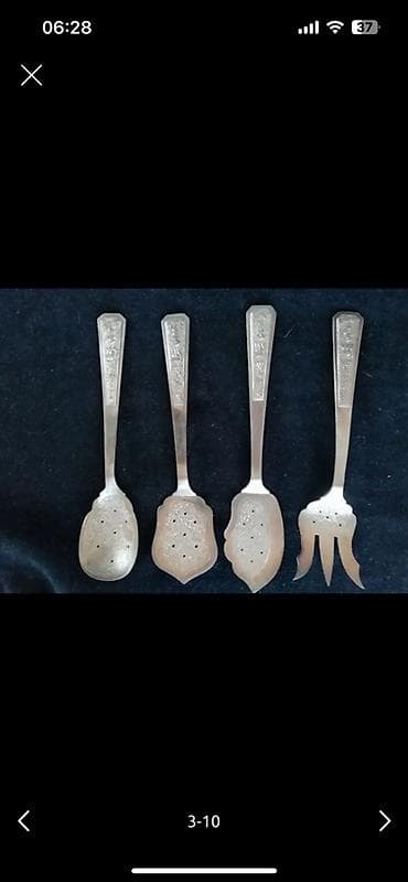 Antik gümüş süzgəcli qaşıq və çəngəli dəsti – 4 parça - Material