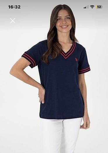 dsq şalvar: Qadın Polo T‑shirt Yeni - Rəng: tünd göy - Dizayn: V‑formalı yaxa — 3