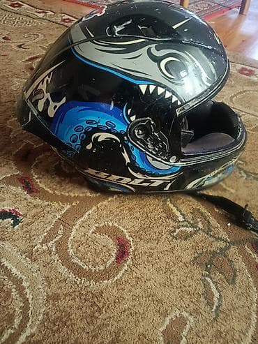 Tam üzlü moto dəbilqə - Dizayn: Qara əsas rəng üzərində mavi və boz — 1