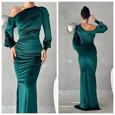 Zümrüd-yaşıl rəngli, uzun, bədənə oturan ziyafət geyimi. - Material
