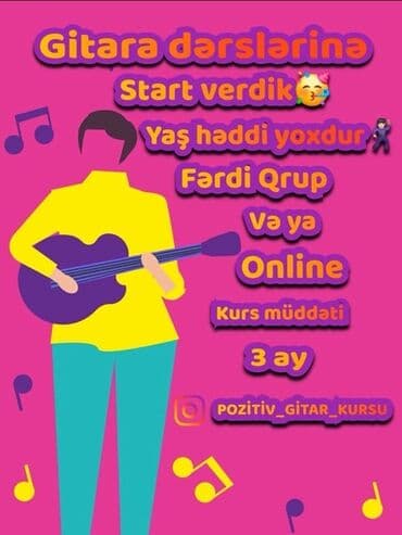 hazırlıq kursu: Gitara kursu 🎸🤩🎸🎸🎸 ​✅Dərslər həftədə 2 dəfə, hər dərs 1 saat ​✅Fərdi — 1
