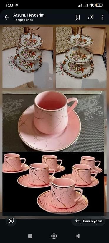 servis destleri: Çay dəsti, rəng - Çəhrayı, Farfor — 1