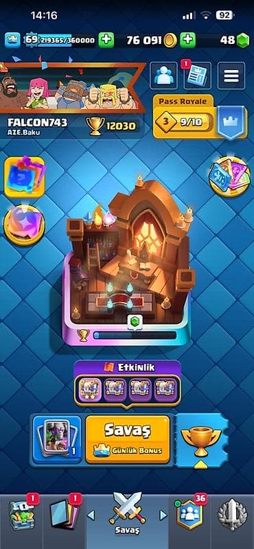 kosmetikalar: Clash Royale oyun hesabı - Kral səviyyəsi: 69 - Kasa: 76 091 qızıl — 1