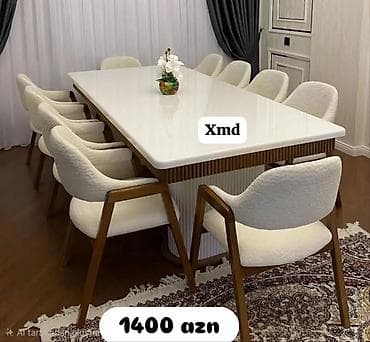 ofis masa: Ağ rəngli, modern üslublu geniş yemək masası və 8 ədəd oturacaqdan — 1