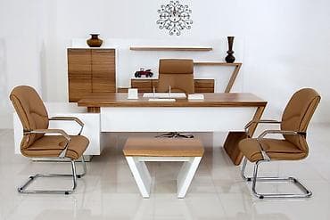 divar refleri: Müasir ofis mebel dəsti - Geniş iş masası: Ağ və ağac dekorlu, kəsik — 1