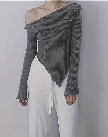 ucuz geyimlər: Qadın trikotaj bluz – asimmetrik kəsimli, bir çiyin açıq dizayn - — 1