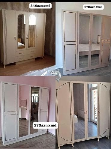 Yeni, 4 qapılı, Güzgülü, Bej, Digər material, Açılan, Düz dolab