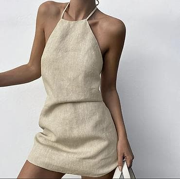 Bej rəngli mini don – halter yaxalı, arxadan bağlanan - Dizayn