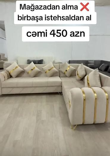 Mebel: Künc divan dəsti – krem rəngli, qızılı dekor xəttləri və metal — 1