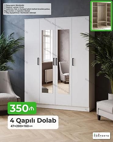 4 qapılı geyim dolabı - Ölçü: 47×200×160 sm - Material: 18 mm laminat