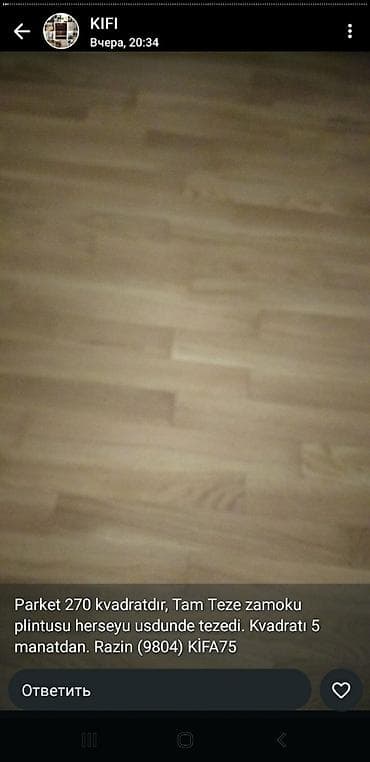 Parket – ümumi sahə: 270 m². Laminat tipli taxta döşəmə, “zamok”