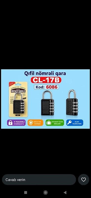 kombi ariston: Qıfıl nömrəli, qara CL-17B (Kod: 6086) - 4 rəqəmli kombinasiyalı — 1