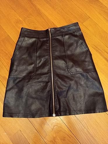 Ətəklər: Qara dəri mini ətək - Model: A-kəsim, beldən oturan, mini uzunluq - — 1