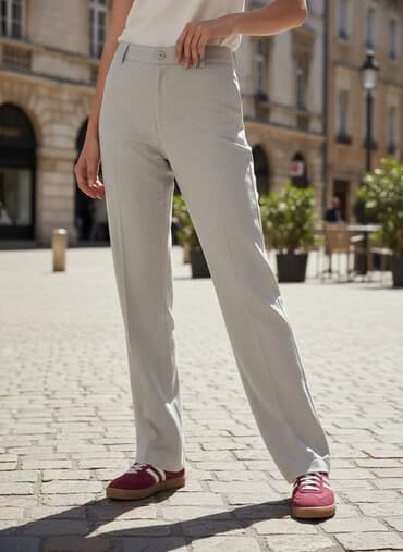 salvar ustu uzun koftalar: Qadın şalvarı – klassik düz kəsim, açıq boz rəng - Model: yüksək — 1