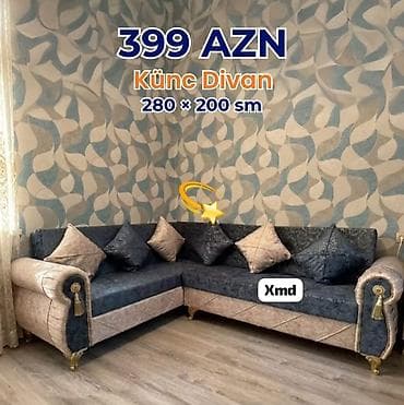 Künc divan – 280 × 200 sm - Rəng: tünd mavi və bej kombinasiya -