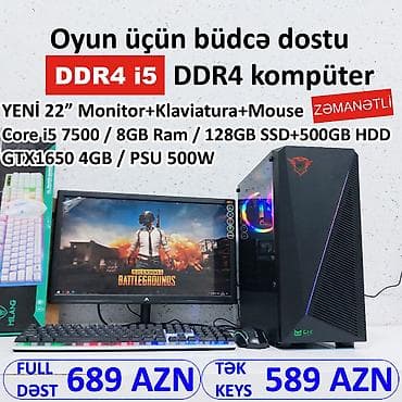 Masaüstü kompüterlər və iş stansiyaları: Oyun üçün Kompüter "DDR4 Core i5 7500 8GB Ram GTX1650 4GB 128GB — 3