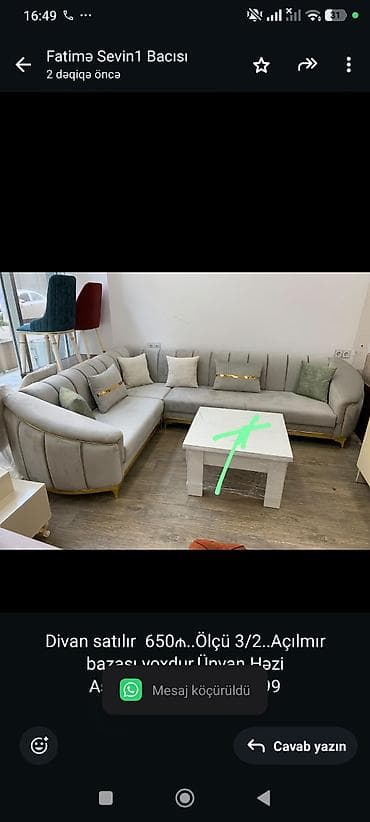 divan satisi: Divan satılır 650₼. Ölçü 3/2. Açılmır bazası yoxdur.Ünvan Həzi — 1