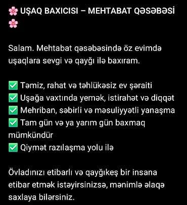 Uşaq baxıcısı – Mehtəbat qəsəbəsi Mehtəbat qəsəbəsində ev şəraitində — 1