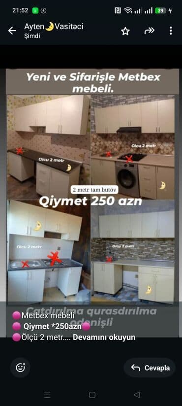 Kasalar: 🟣Metbex mebeli 🟣 *Qiymet *250azn🟣* 🟣Ölçü 2 metr. 🟣 *Ust hisse hun 70 — 1