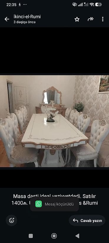 Masa dəsti ideal veziyyetdedi. Satılır 1400₼. Ünvan Məmmədəli qəs at lalafo.az Masa dəsti ideal veziyyetdedi. Satılır 1400₼. Ünvan Məmmədəli qəs