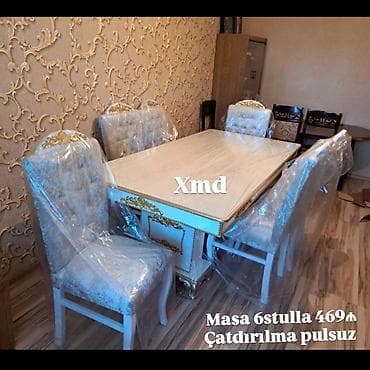Mebel dəsti – masa və 6 stul - Klassik üslubda, ağ-krem rəngli masa;