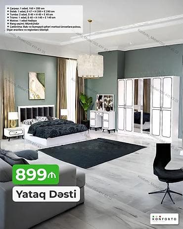 Yataq Dəsti – 899₼ Komplektin tərkibi və ölçülər: - Çarpayı: 1 ədəd — 1