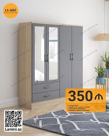 4 qapılı, Güzgülü, Boz, Taxta, Açılan, Düz dolab — 1