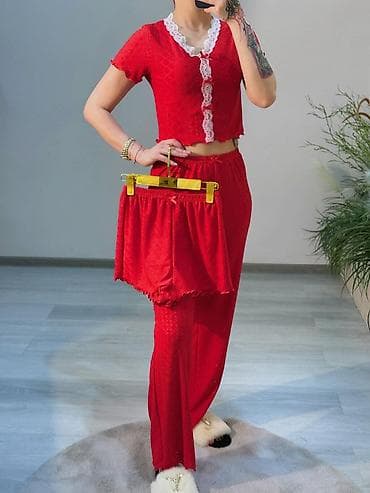 Gecəliklər: Qadın pijama dəsti – 3 hissəli - Rənglər: qara, qırmızı, tünd bordo - — 2