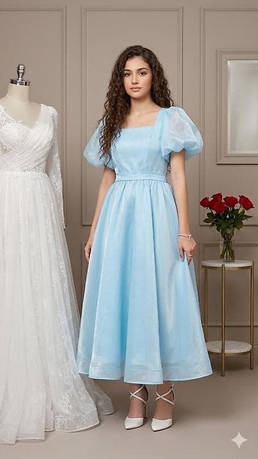 Mavi rəngli midi ziyafət/libas - Model: kvadrat yaxalı, puff (hava