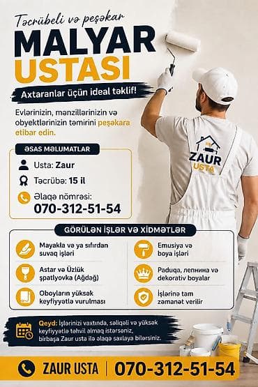 Peşəkar Malyar Ustası – Zaur Xidmət sahələri: - Mənzil, ev və