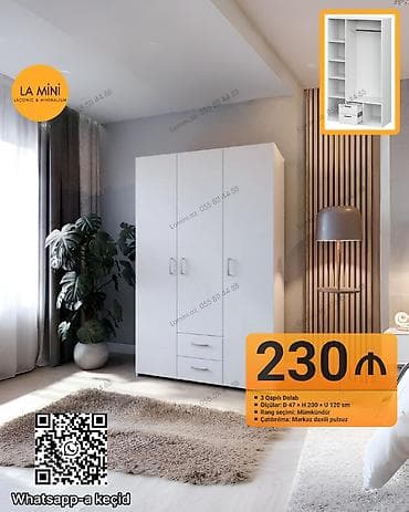 3 qapılı, Siyirməli, Ağ, Digər material, Açılan, Düz dolab