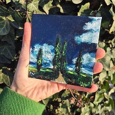 Velosiped ehtiyyat hissələri: Mini akril boya tablo – “Səksərən səmalar və selvi ağacları” - Ölçü — 4