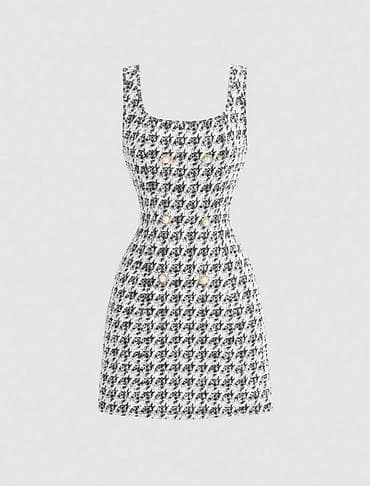 SHEİN TƏZƏ Qadın mini don – qara-ağ “houndstooth” naxışlı, qol­suz